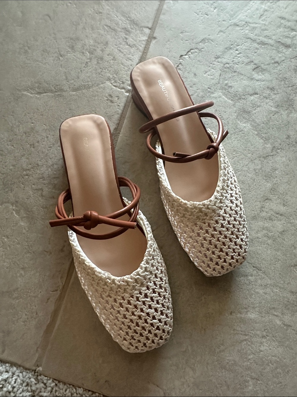 Cream Woven Slip-On Mules with Brown Strap